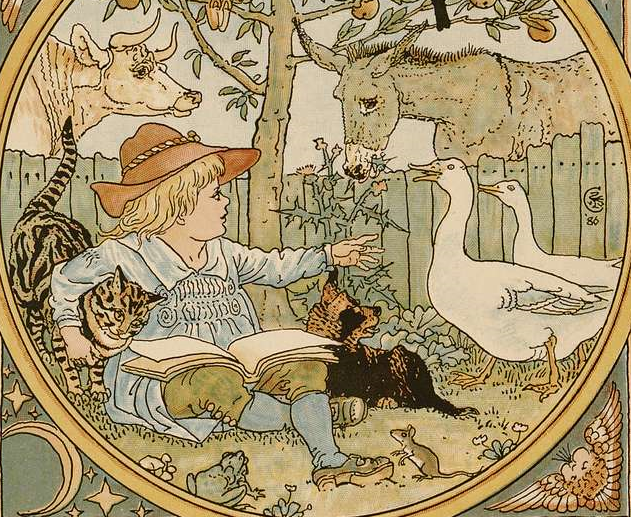 Criança lendo, com gato, boi, burro, cachorro, sapo, pato e rato. Imagem ilustrativa texto história das fábulas.