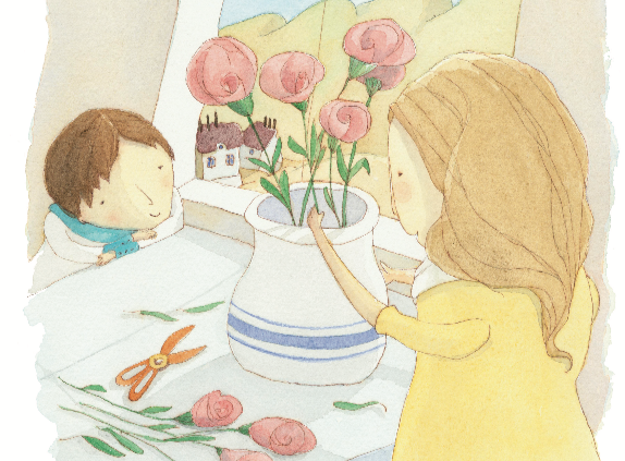 Mãe ajeitando vaso de flores e menino olhando. Página 8 do livro Como natureza. Imagem ilustrativa texto Dia da Mães.