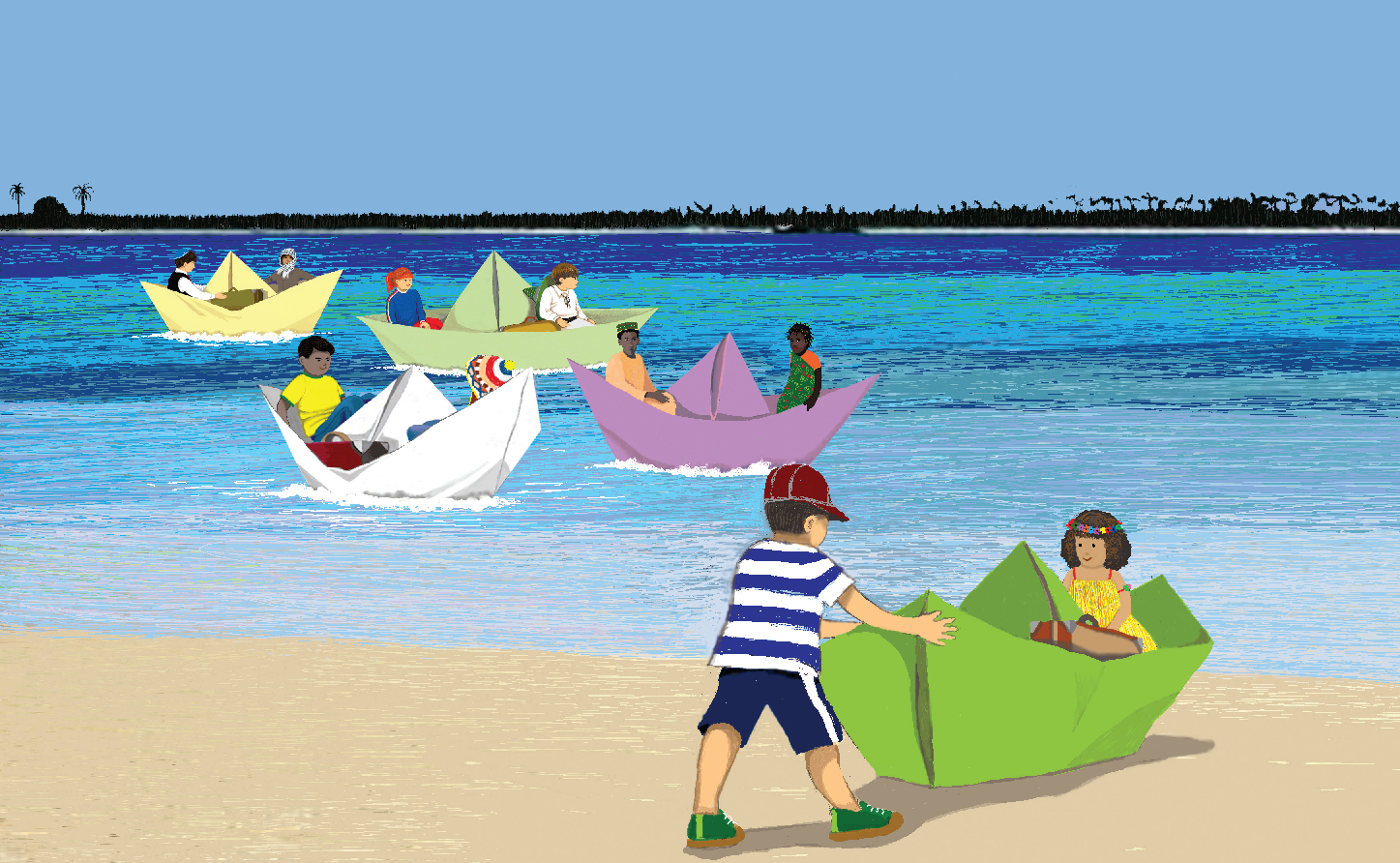 Crianças na praia em barcos de papel. Página 20 do livro Terra mãe. Imagem ilustrativa texto meio ambiente.