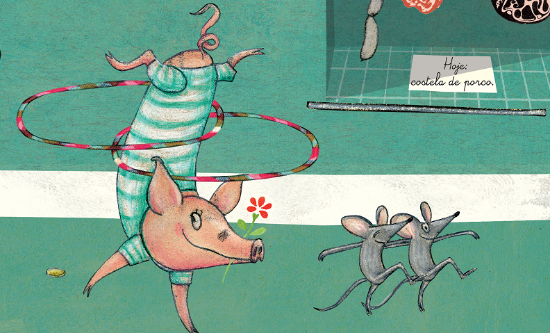 Porquinha plantando bananeira com bambolê e ratos dançando. Ao fundo, açougue vende costela de porco. Imagem ilustrativa texto incentivar a prática de esportes.