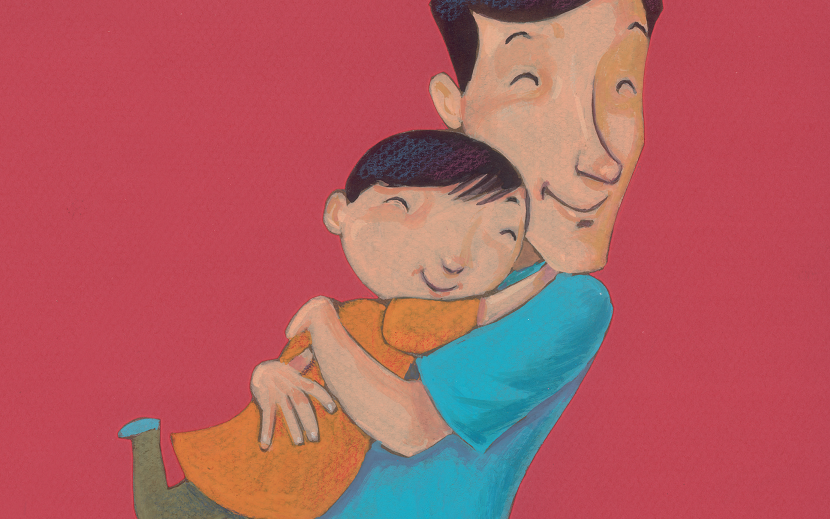 Menino abraçando pai. Página 25 do livro O pai que lia pensamentos. Imagem ilustrativa texto Dia dos Pais.