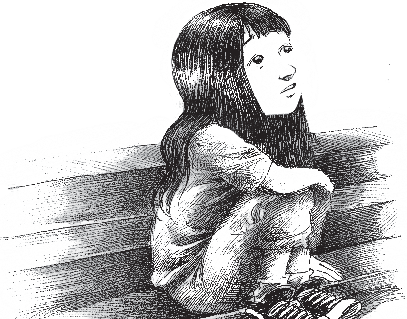 Menina assentada na escada, olhando para o céu. Página 27 do livro O avô de Margareth. Imagem ilustrativa texto morte.