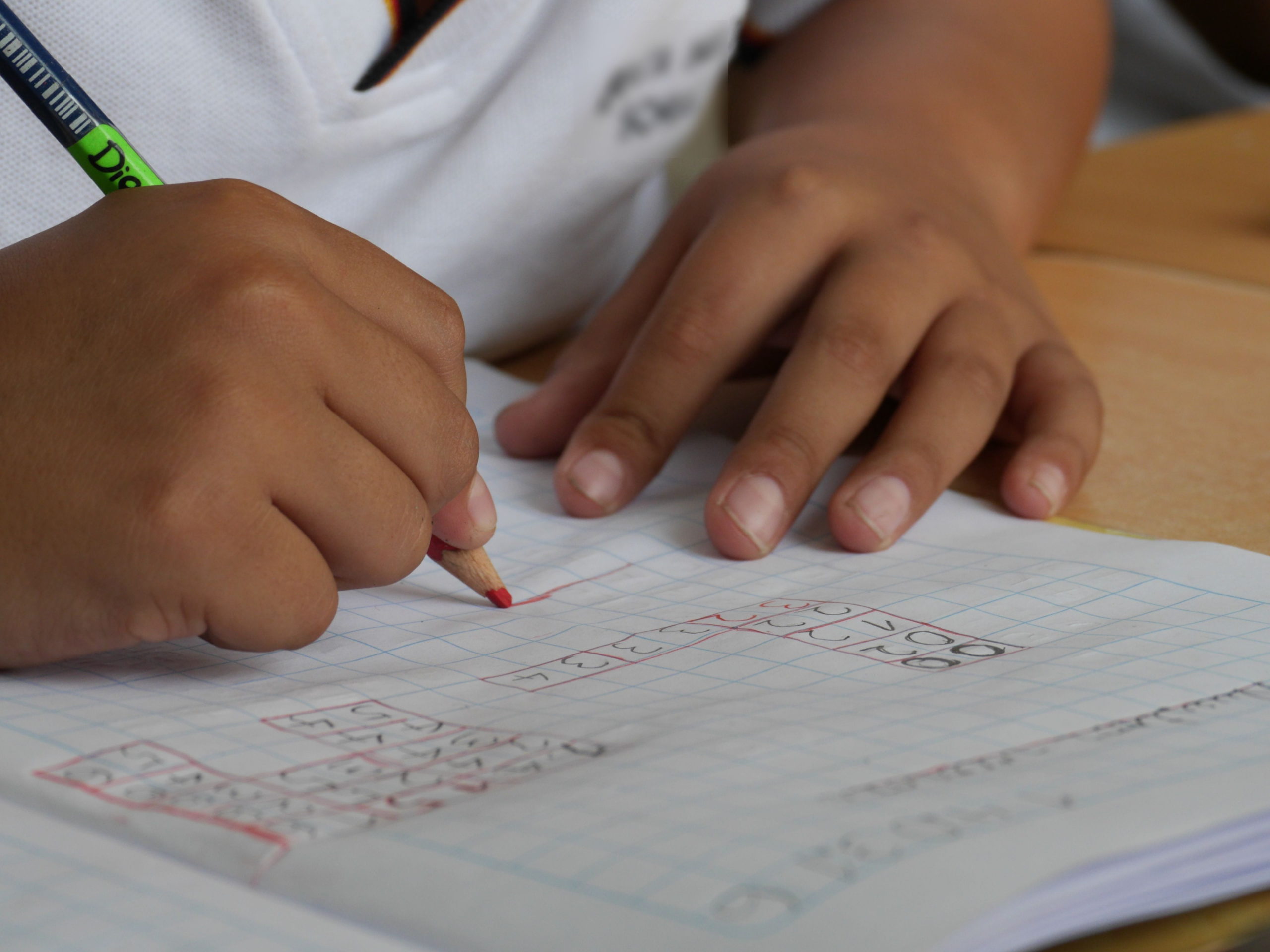 Mãos de criança com lápis vermelho no caderno. Imagem ilustrativa texto dia do Estudante.