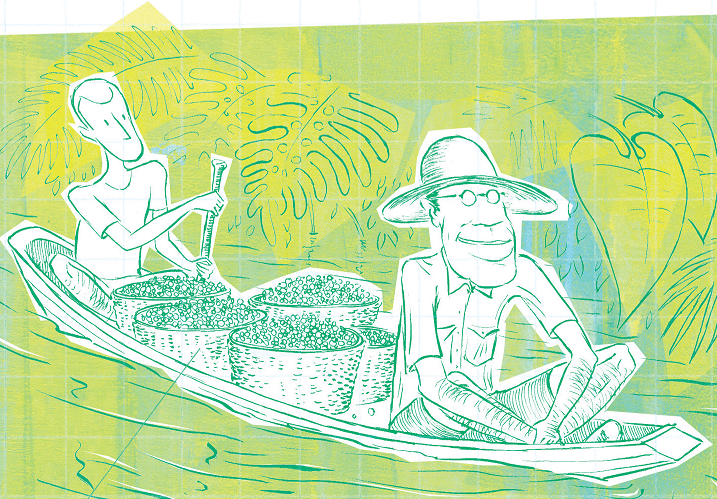 Dois homens em um barco, com baldes de açaí. Há uma gota de poesia em cada rio da Amazônia, pág. 61. Imagem ilustrativa texto viagens de Mário de Andrade.
