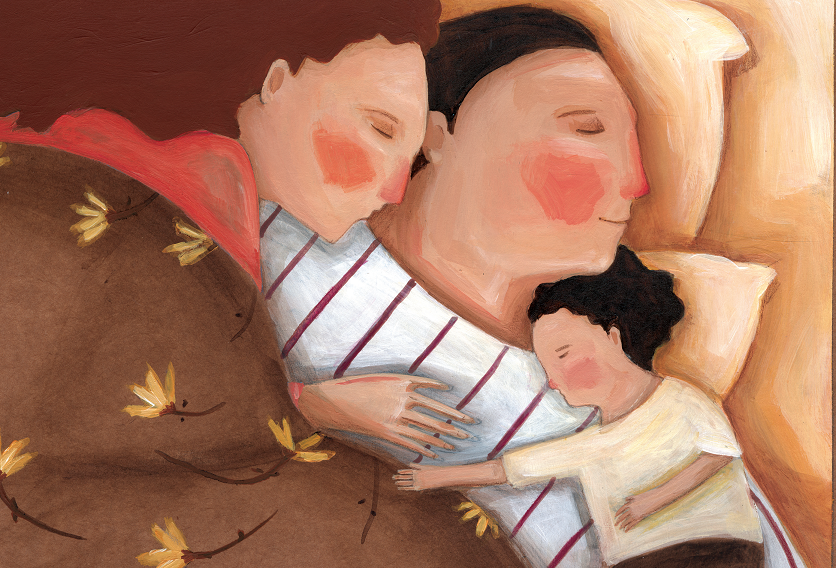 Pai, mãe e filho dormindo juntos. O menino e a flor, página 31. imagem ilustrativa texto livros sobre vida em família.
