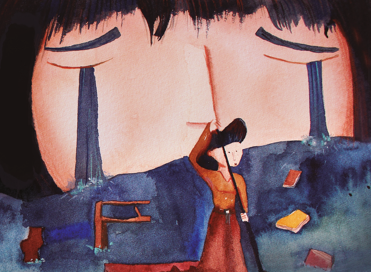 Menina chorando, formando rio, e mulher remando em cima de uma mala. Ela nasceu Clarice, página 10. Imagem ilustrativa texto paradoxo da ficção.