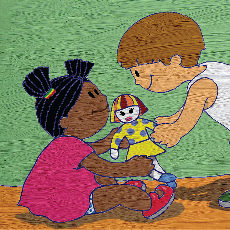 Menino entregando boneca a menina. Nino e Bela, página 12. Imagem ilustrativa texto livros sobre empatia.