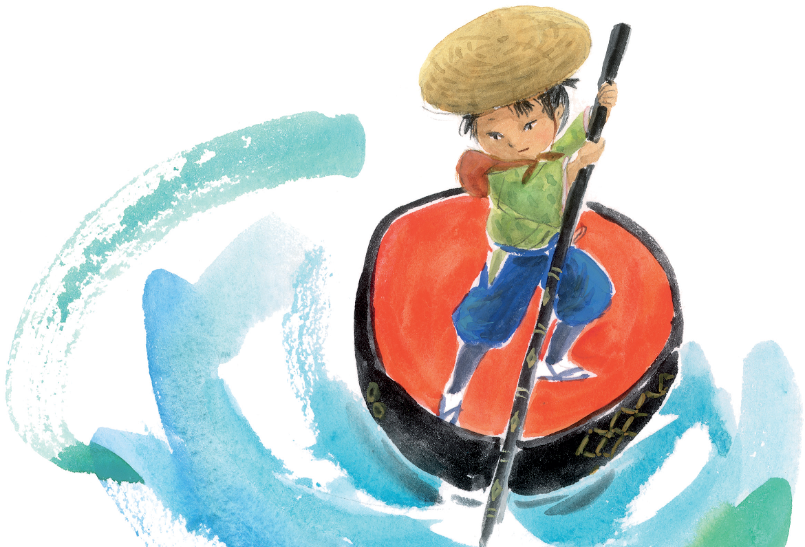 Menino no barco. Issum Boshi - O pequeno samurai, página 9. Imagem ilustrativa texto jornada do herói.