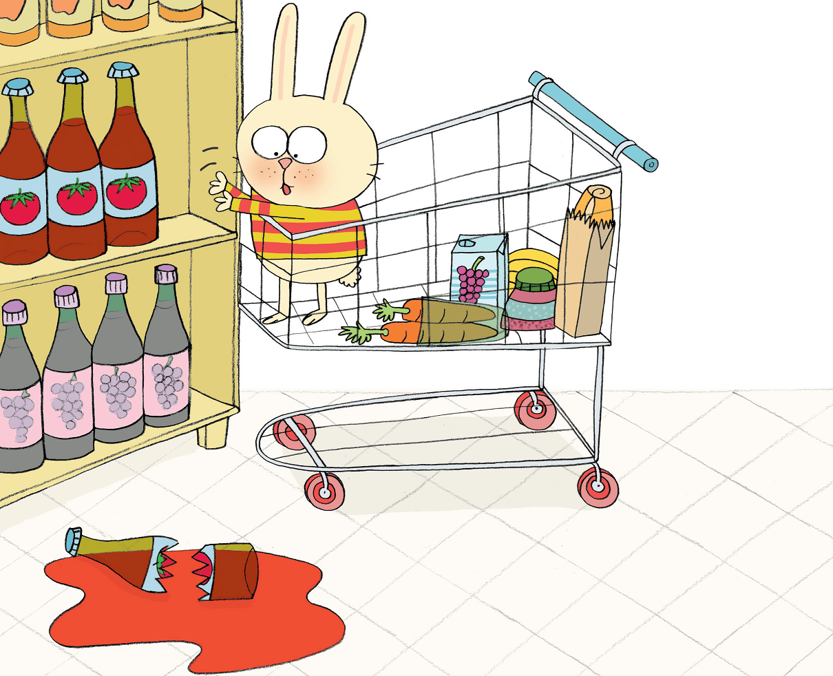 Coelho no carrinho de supermercado e garrafa de ketchup quebrada. Bibo no mercado, página 12.