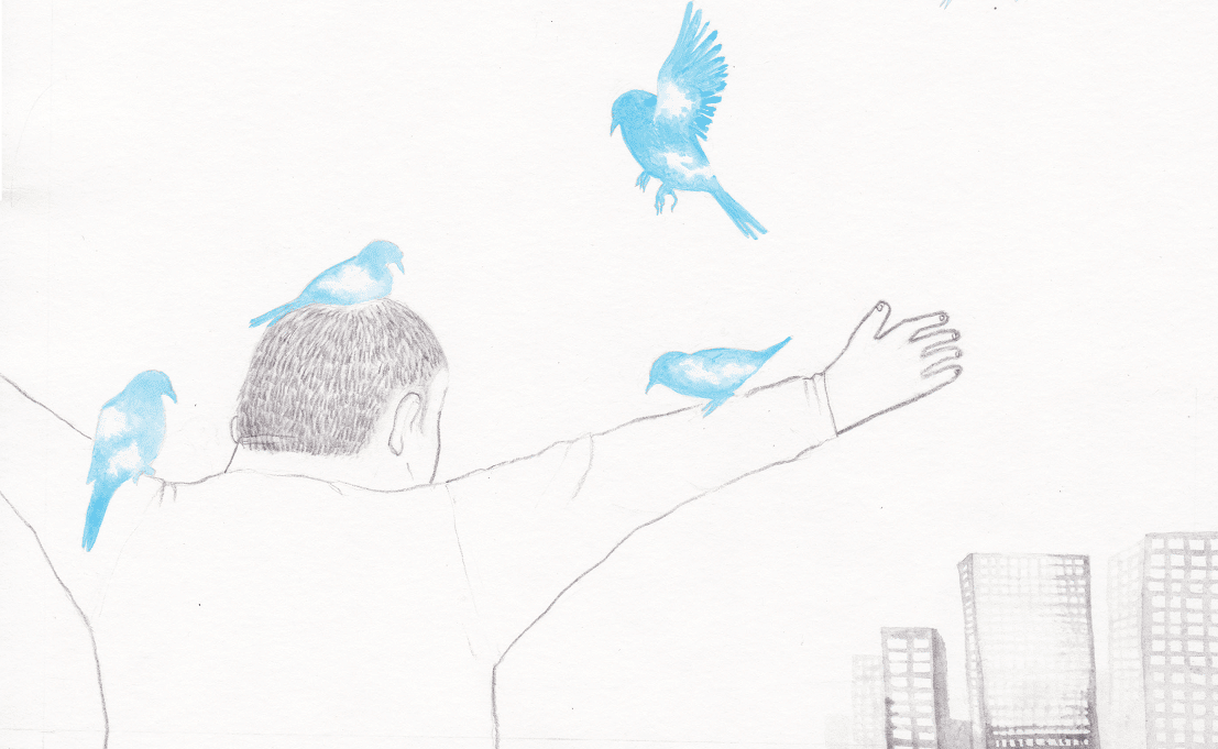 Homem com braços abertos e pássaros pousando sobre ele. Aninhação, página 12.