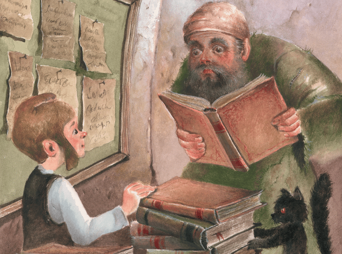 Homem lendo livro e menino escutando, gato de pé e pilhas de livros. Taya e o espelho da Baba Yaga, página 46. Imagem ilustrativa texto plot twist.