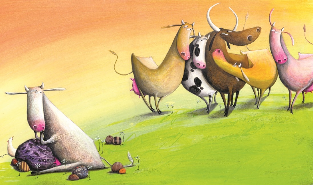 Vacas juntas no pasto Margarida, páginas 10 e 11. Imagem ilustrativa texto Crescer.