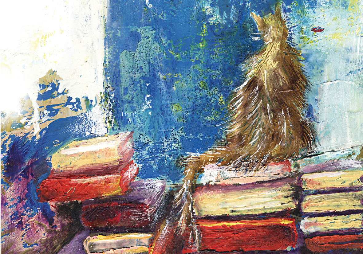 Pintura de gato sobre livros. Primeira palavra, página 13. Imagem ilustrativa texto livros com gatos.