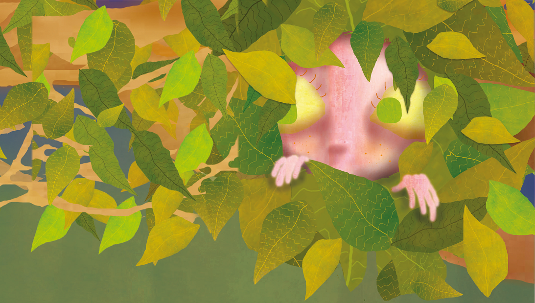 Criança escondida atrás das folhas da árvore. O gato da árvore dos desejos 23. Imagem ilustrativa texto temas sensíveis.
