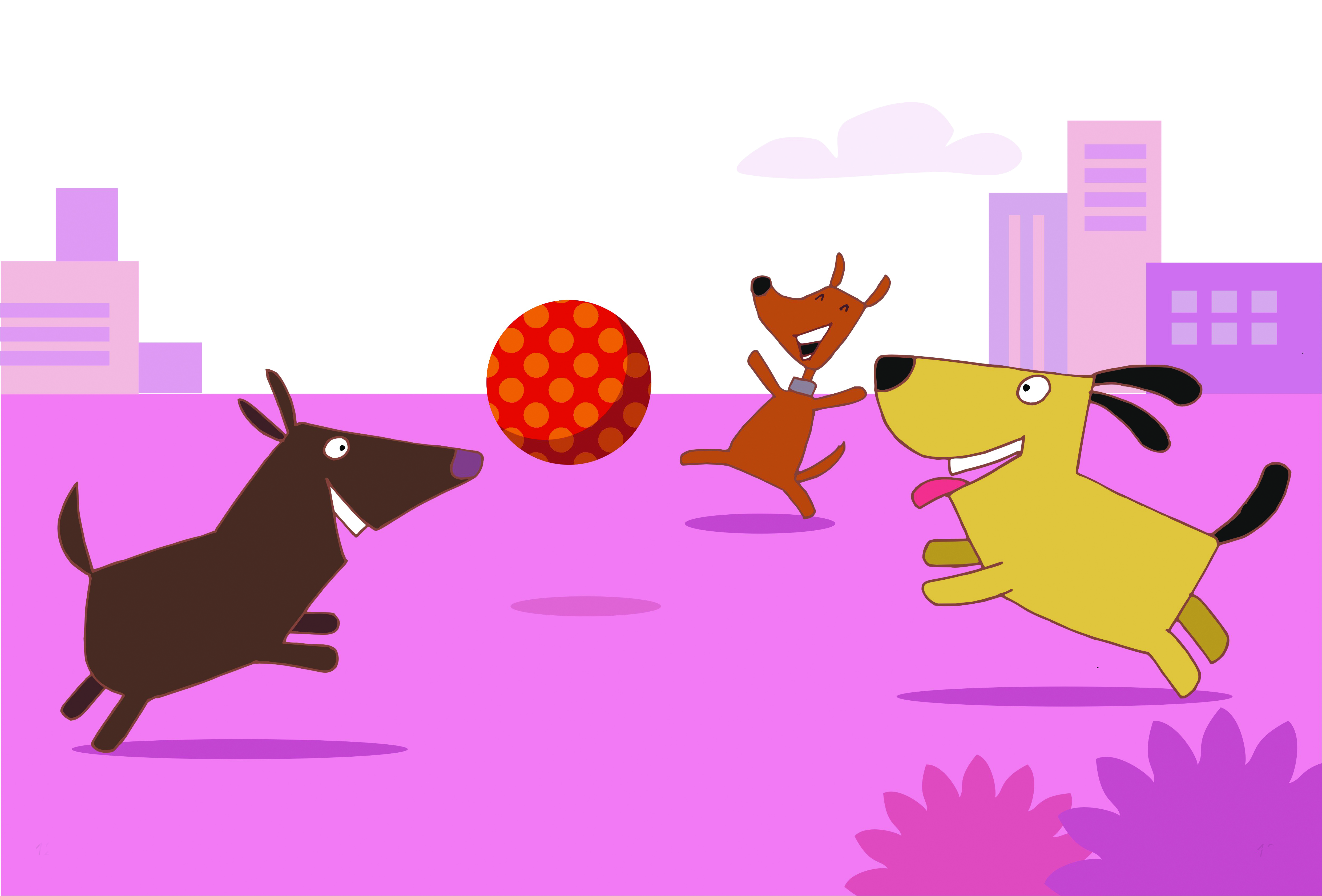 Três cachorros brincando na rua com bola. Teleco e teco, páginas 12 e 13. Imagem ilustrativa texto livros sobre amizade.