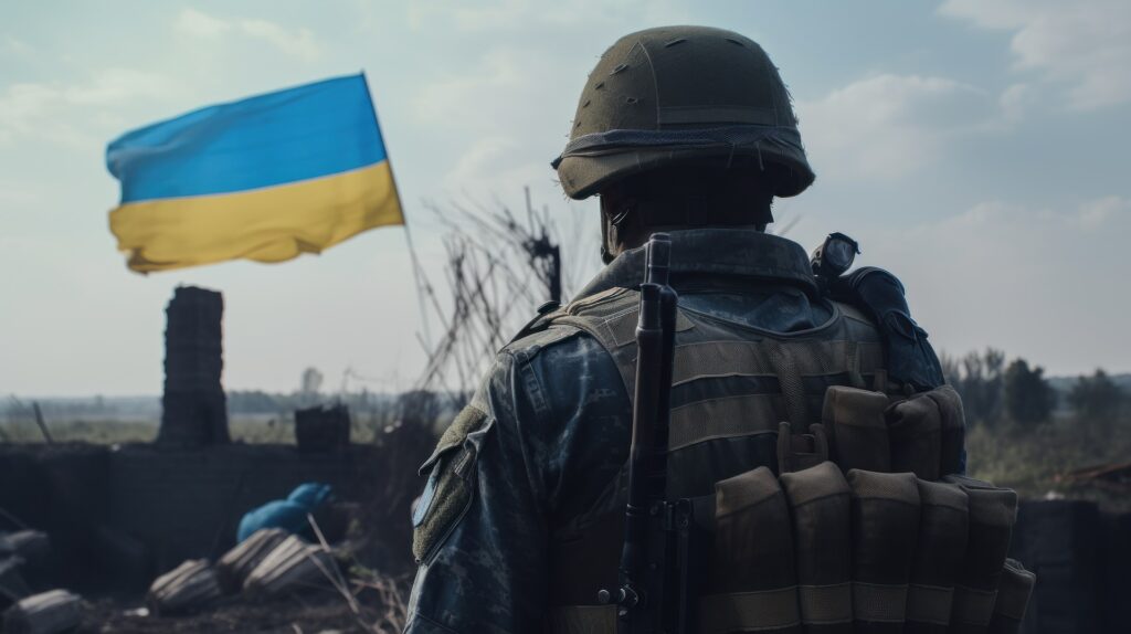 Soldado de costas, olhando  para bandeira da Ucrânia. Imagem ilustrativa texto inteligência artificial.