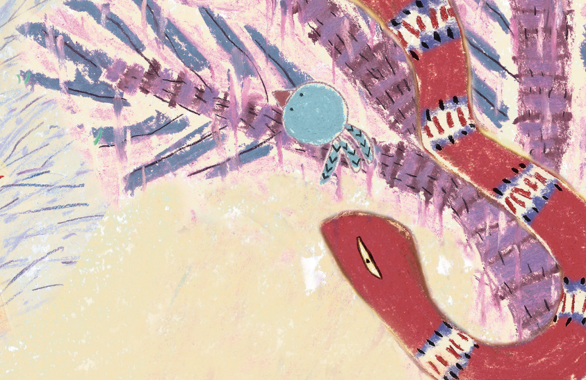 Cobra na árvore, perto do ninho de passarinho. Mãe, olha eu aqui!, página 11. Imagem ilustrativa texto Denise Rochael.