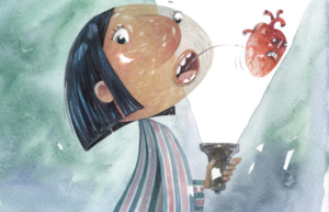 Menina de pijama, com lanterna e coração saindo pela boca.. O mistério de todas as coisas, página 11. Imagem ilustrativa texto livros sobre superar medos.