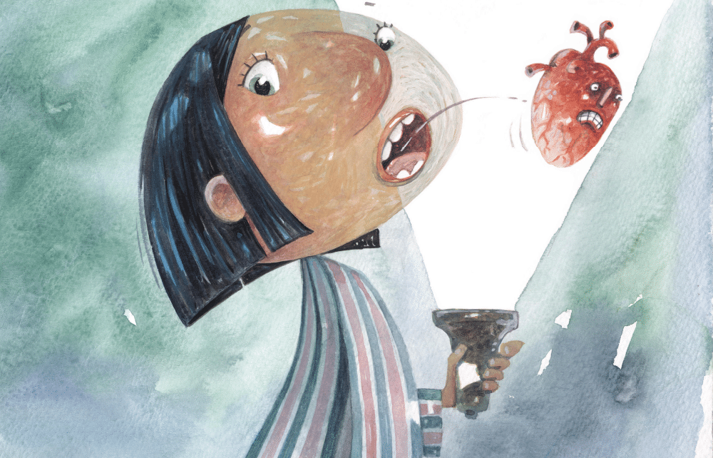 Menina de pijama, com lanterna e coração saindo pela boca.. O mistério de todas as coisas, página 11. Imagem ilustrativa texto livros sobre superar medos.