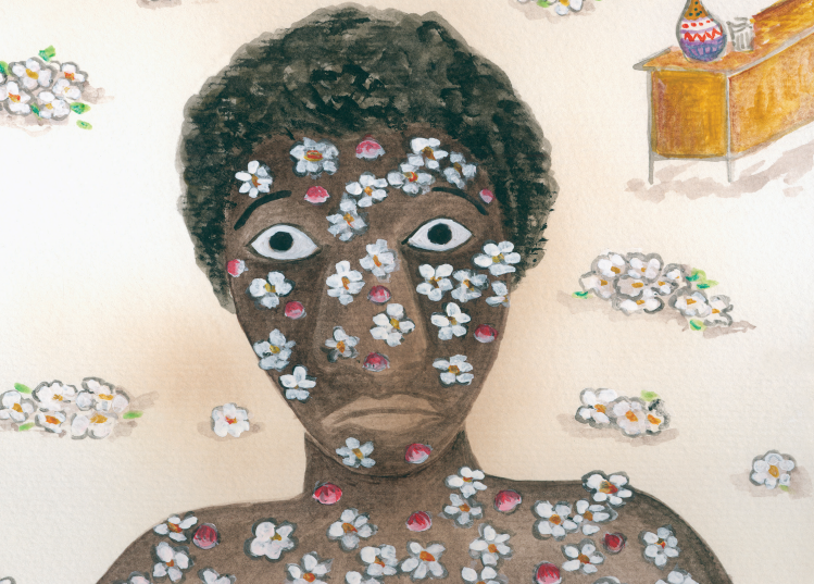 Menino Omolu coberto de feridas e flores. O jardim de pipocas, página 17.