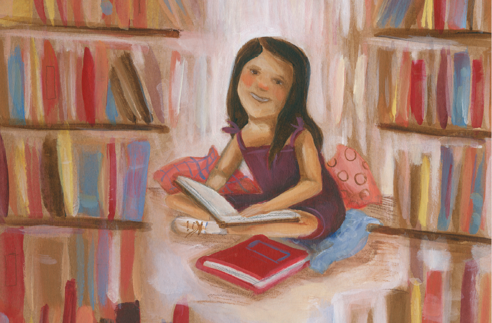 Menina lendo livro, sentada no chão da biblioteca, rodeada de estantes. A menina que matou o gato, página 8. Imagem ilustrativa texto analepse, prolepse, flashback, flashfoward. 