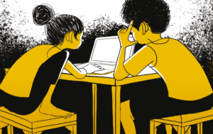Menina e menino fazendo pesquisa no computador. O Mão de Veludo, página 11.
