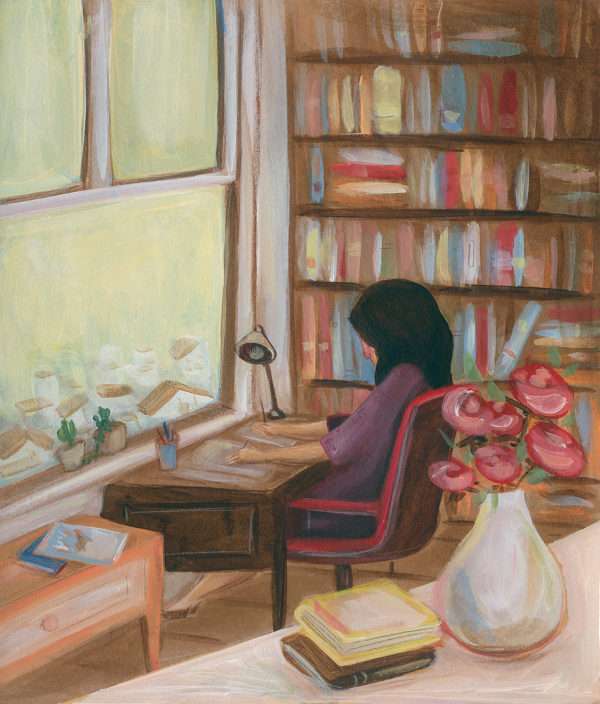 Mulher no escritório escrevendo na escrivaninha, com estante de livros ao fundo. A menina que matou o gato, página 13. Imagem ilustrativa texto erros ao fazer poesia.