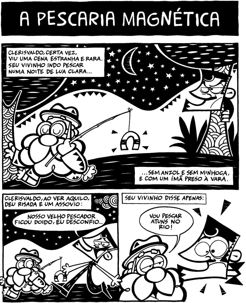 A pescaria magnética do Seu Vivinho. Imagem ilustrativa texto quadrinhos.