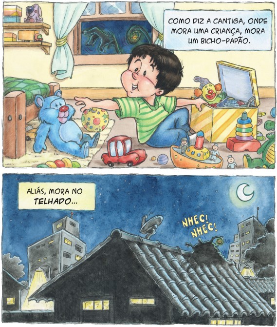 Menino sentado no chão, com brinquedos. Telhado de casa à noite. Assim nasce um bicho-papão. Imagem ilustrativa texto quadrinhos.
