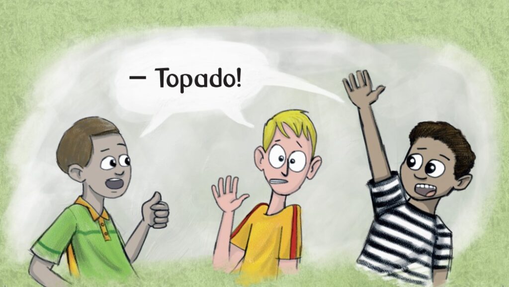 Três meninos falando. Cabeça fria é que faz gol! Imagem ilustrativa texto quadrinhos.