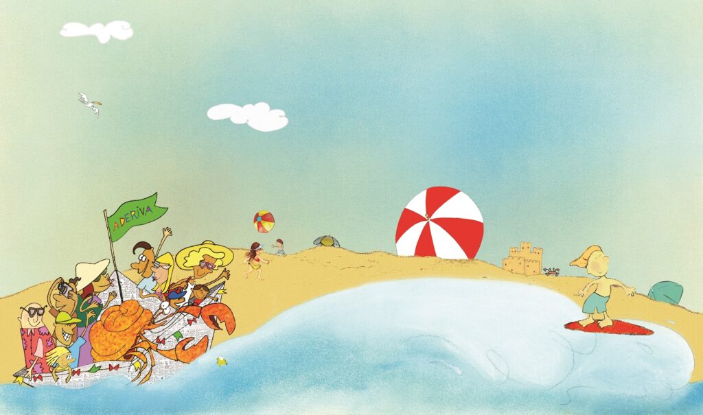 Pessoas na praia e guarda sol vermelho e branco. Castelo de areia. Imagem ilustrativa texto quadrinhos. 