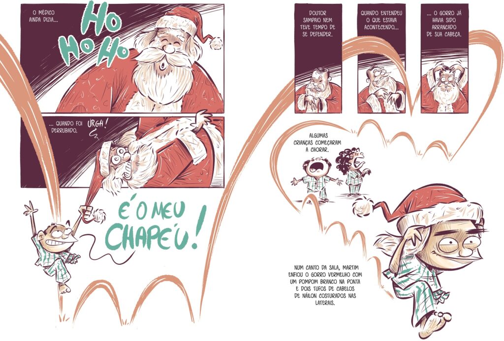 Menino pega gorro do Papai Noel e sai pulando de uma perna só. Paciente 237. Imagem ilustrativa texto quadrinhos.