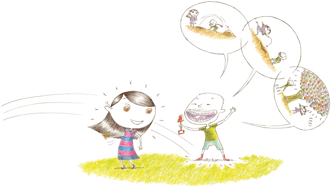 Menino falando com menina sobre plantar. Semente de urso. Imagem ilustrativa texto quadrinhos.