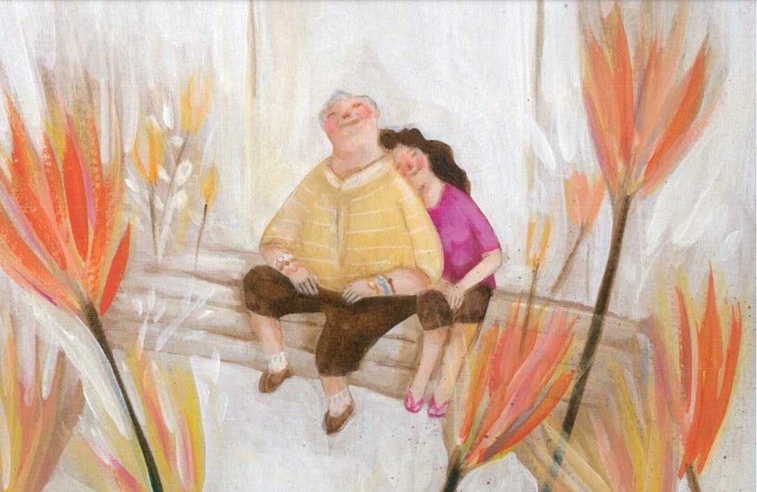 Mulher com a cabeça no ombro de homem idoso. Um gigante tão pequeno, página 35. Imagem ilustrativa texto livros sobre tipos de família.