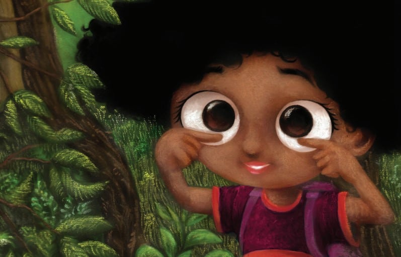 Menina negra apontando para os próprios olhos e nariz. A menina e o camaleão, página 23. Imagem ilustrativa texto livros sobre autoconhecimento.