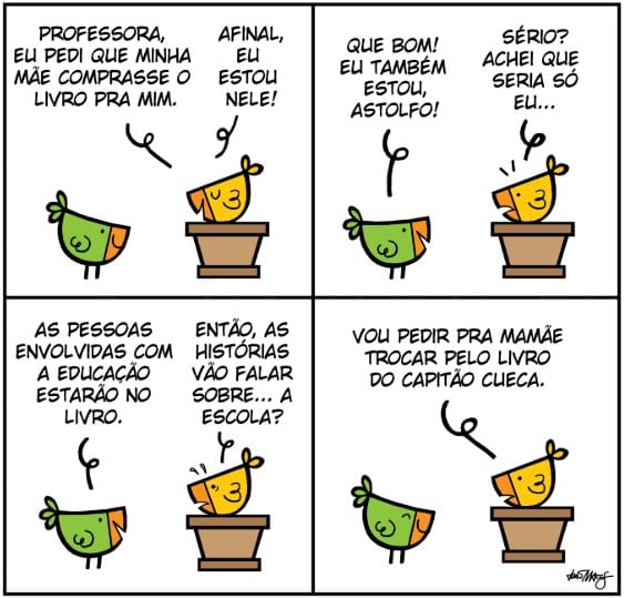 Escola de Passarinhos quarta capa. Imagem ilustrativa texto criar histórias em quadrinhos.