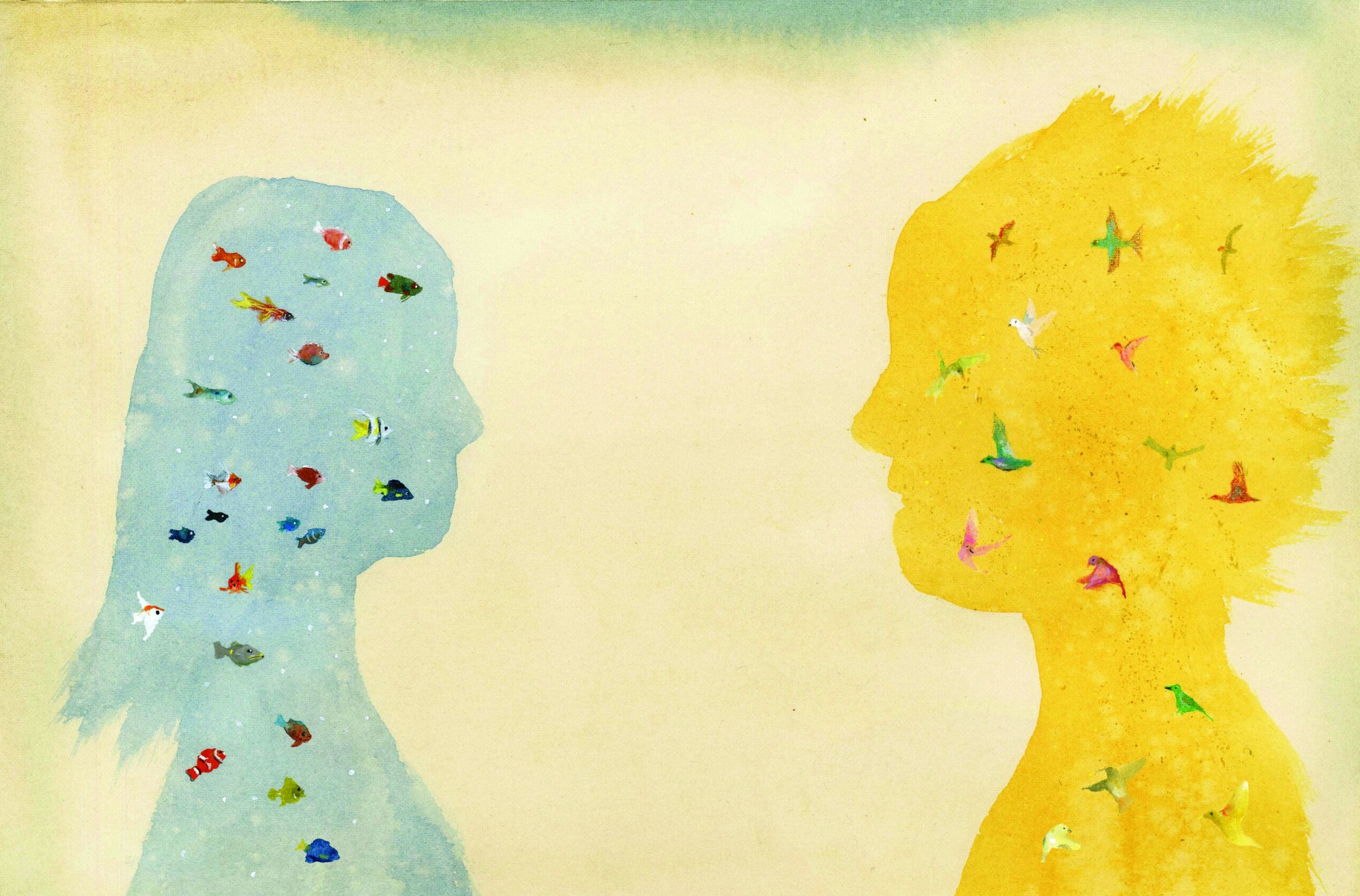 Silhueta de muher com peixes e silhueta de homem com pássaros. A Chuva e o Sol, páginas 20 e 21. Imagem ilustrativa texto licença poética.