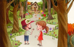 João e Maria e caminho de doces até a casa da bruxa. João e Maria, página 20. Imagem ilustrativa texto livros com irmãos.